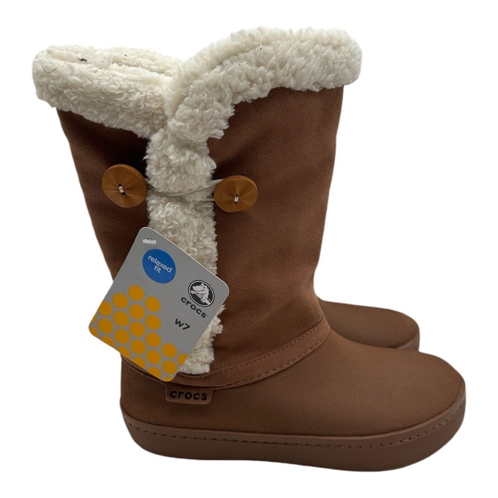 Crocs Modessa Boots Women's Size 7 Brown Suede‎ Faux Fur Button Warm Winter NWT